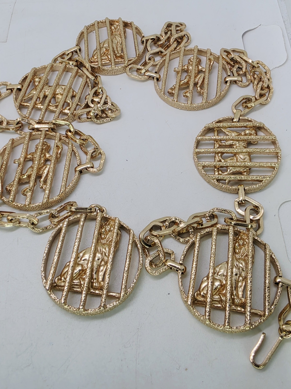 Rare Vintage Trifari Gold Tone 70s Chain Belt Necklace Zoo Caged Animal Lion 32"